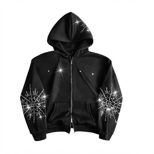 Sweat-shirt à capuche zippé noir avec strass pour homme, coupe classique, en tissu tricoté, motif étoile, idéal pour l'hiver - Product Image 1