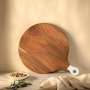 Tabla de cortar de madera de acacia, diseño redondo tipo pala, construcción robusta y gruesa, segura para cuchillos, ideal para cortar, servir y como regalo elegante. - Product Image 1