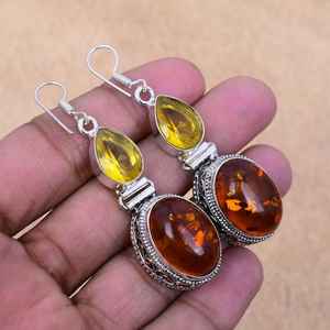 Boucles d'oreilles pendantes en argent sterling 925 faites à la main avec pierres précieuses d'ambre de la Baltique et citrine, cadeau d'anniversaire de luxe certifié pour les fêtes - Product Image 5
