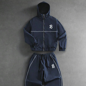 Conjunto de Chaqueta Cortavientos Ligera de Nailon para Hombre, Talla Grande, con Capucha y Cremallera, Estampado de Letras, y Pantalones con Ribete en Contraste - Product Image 1