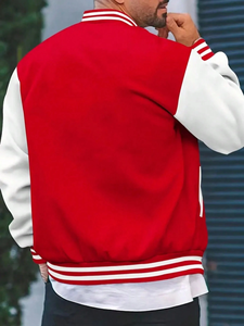 <b>Men's</b> Red White Patchwork Varsity <b>Jacket</b> Casual Fleece Windproof <b>Baseball</b> Coat Stand Collar Regular Fit Winter Wear - Product Image 5