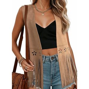 Chaqueta de cuero de gamuza estilo western para mujer, elegante abrigo bohemio con flecos, chaqueta de cuero de gamuza retro estilo vaquera. - Product Image 2