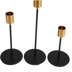Ensemble de bougeoirs modernes en métal noir et or, hauts et fins, style minimaliste, pour centre de table de mariage et de salle à manger - Product Image 1