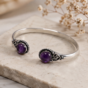 Signature <b>Amethyst</b> Twin Cabochon Open Cuff <b>Bracelet</b> Handmade Silver Plated Brass Jewelry - Product Image 3