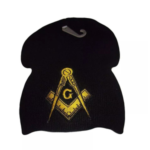 8" Black Mason Masonic Gold Symbol Snow Cap Beanie Cap Hat Regalia High Quality Wholesale Customized Knitted Beanies - Product Image 1