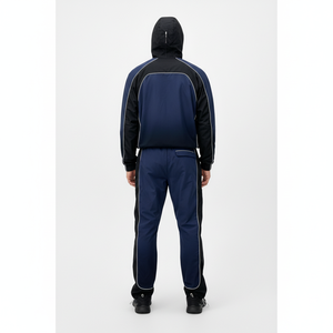 Ensemble de survêtement unisexe bleu et noir à blocs de couleur, avec capuche, fermeture éclair, manches longues, pantalon de sport athlétique avec poches latérales, idéal pour l'automne - Product Image 3