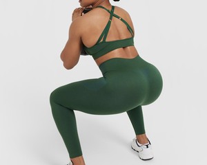 Leggings de yoga taille haute longueur intégrale vert uni sans couture en Spandex et Nylon avec taille élastique - Product Image 4
