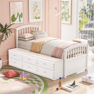 Letto a piattaforma in legno massello con 6 cassetti, bianco, per bambini - Product Image 3
