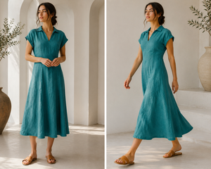Robe chemise en lin pour femme, décontractée, col en V, mi-longue, manches courtes, coupe trapèze, robe d'été élégante pour le travail et le bureau, avec poches - Product Image 1