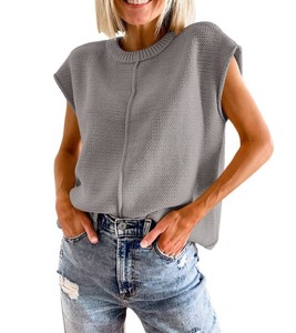 Débardeur en tricot sans manches à col rond, coupe ample décontractée, respirant, motif uni, 100 % coton, séchage rapide, pour femme, été - Product Image 6