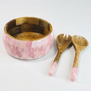 Ensemble de service de salade en bois de manguier de qualité supérieure avec incrustation en émail mosaïque verte, fait main, respectueux de l'environnement, pour hôtels - Product Image 5