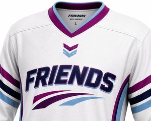 Ensemble d'uniformes de hockey sur glace sublimés personnalisés, rayures blanches, violettes et bleues, polyester respirant, vêtements de sport pour hommes adultes - Product Image 2