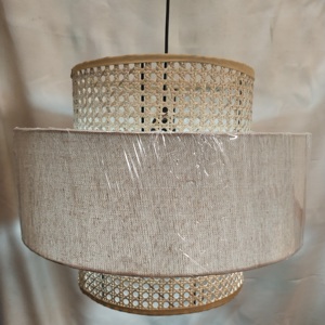 Luminaire suspendu moderne en cannage et lin de style bohème |   Abat-jour suspendu double couche en rotin naturel tressé |   Fibre de bambou décorative - Product Image 3