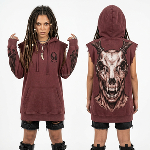 Hoodie sans manches personnalisé marron avec imprimé graphique crâne et bois de cerf, coupe brute, style streetwear, lavage vintage, en molleton, vente en gros - Product Image 1