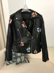 Chaqueta Safari de Cuero PU para Mujer, Cortavientos, con Bordado Floral, Cierre de Cremallera, Cuello Camisero, Manga Larga, Largo Regular, Invierno - Product Image 1