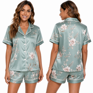 Ensemble de pyjama à manches courtes pour femmes, imprimé marguerite rose, avec col rabattu, fermeture à boutons, vêtements de nuit d'été - Product Image 4