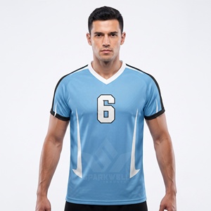 เสื้อวอลเลย์บอลสีฟ้าสำหรับผู้ชาย คอวี แขนสั้น ผ้าโพลีเอสเตอร์ซับเหงื่อ หมายเลข 6 ชุดทีมผู้ใหญ่ - Product Image 1