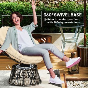 Fauteuil Papasan d'extérieur pivotant à 360 degrés avec coussin beige et plateau latéral - Product Image 4