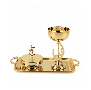 Golden Brass Incense <b>Burner</b> Set With Decorative Finial And Tray Hand Made Religious Use All Season - Product Image 1