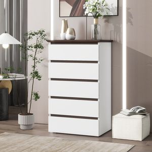 Commode moderne à 5 tiroirs pour chambre à coucher, en noyer blanc, avec armoire de rangement et organisateur - Product Image 1