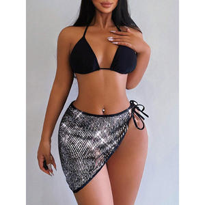 Ensemble bikini 2 pièces pour femme, asymétrique, à sequins, taille haute, bas à nouer sur les côtés, haut dos nu noir, maillot de bain - Product Image 1