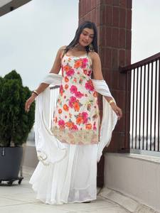 Salwar Kameez Traditionnel pour Femmes en Coton Imprimé Floral Blanc avec Bordure Brodée, Tenue Ethnique Longue, Inde Pakistan - Product Image 5