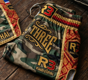 Pantalones Cortos de Muay Thai Regal Three, Camuflaje con Detalles Dorados, Impresión por Sublimación, 100% Poliéster, Ropa de Artes Marciales - Product Image 3