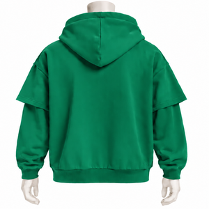 Sweat à capuche vert émeraude double couche, coupe oversize, manches superposées, épaules tombantes, style streetwear décontracté, épais, personnalisable - Product Image 2