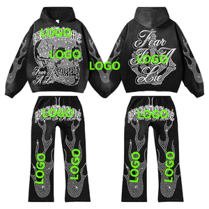 Conjunto de Sudadera con Capucha Personalizada 100% Algodón, Lavado Ácido, Estilo Vintage, con Bordado 3D y Decoración de Pedrería para Invierno - Product Image 5