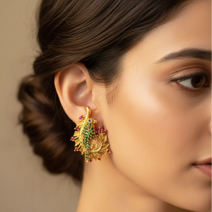 Gold Plated Brass Parrot Stud Earrings with Pearl and Diamond Accents - Product Image 1