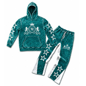 Conjunto de chándal con capucha en color verde azulado con efecto acid wash, estrellas blancas y pantalones largos con cordón de 350 gsm, 100% algodón, estilo streetwear. - Product Image 1