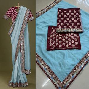 DESIGNER TABBY <b>ORGANZA</b> <b>SILK</b> EMBROIDERY SEQUENCE WORK LACE BORDER SAREE WITH UNSTTICHED BLOUSE - Product Image 4