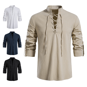High Quality Men's Vintage Short Sleeve Cotton <b>Linen</b> Blouse Breathable Knitted <b>Yarn</b> Dyed Customizable Casual V-neck 220g - Product Image 5