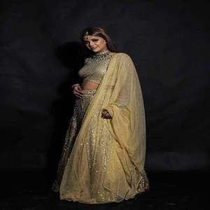 Women Modern Draped Golden Embroidered Lehenga Choli Bridal Wedding Party Wear Dupatta Set | Designer India Export Quality - Product Image 1