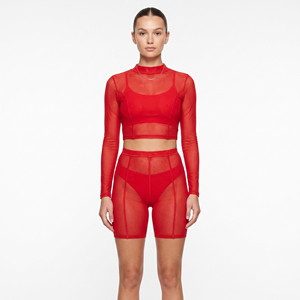 Conjunto de Dos Piezas de Malla Transparente para Mujer, Camiseta Ajustada de Malla Transparente, Pantalones Cortos Transparentes de Poliéster para Mujer - Product Image 3