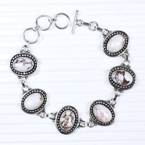 Wholesale Vintage Style Sterling Silver Plated White Buffalo Turquoise Oval <b>Stone</b> Toggle Clasp Link <b>Bracelet</b> Bohemian Ethnic - Product Image 2
