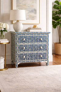 Modern Geometric Solid Wood Sideboard <b>Chest</b> of Drawers Blue White Accent <b>Storage</b> Cabinet for Dining Room Living Room Bedroom - Product Image 2