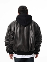 Blouson Bomber en Cuir Noir pour Homme, à Capuche, Fermeture Éclair, Style Streetwear, Coupe Ample, Couleur Unie, Logo sur la Manche Gauche, Idéal pour l'Automne