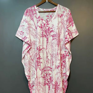 Nuevo Kaftán con Estampado Animal, Cuello en V, Cordón Ajustable, Estilo Flare, de Algodón Suave Indio, con Encaje, Largo, para Playa o Dama de Honor - Product Image 1