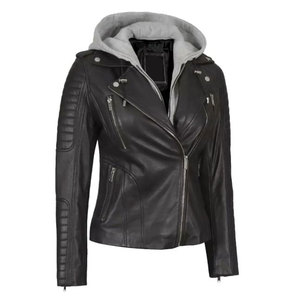 Custom Real Lambskin Leather <b>Jacket</b> for Women with Removable Hoodie Asymmetrical Slim Fit Black Biker <b>Jacket</b> - Product Image 4