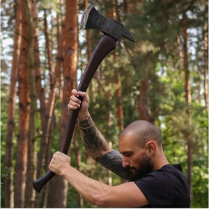 A&M ENTERPRISES Handmade Viking <b>Axe</b> with Rustic Two Tone Steel Head Long Curved <b>Wooden</b> Handle and Matching Leather Sheath Knives - Product Image 2
