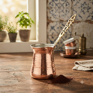 Cafetera Turca de Cobre Hecha a Mano, Estilo Vintage, Cezve, Ibrik Árabe, Briki Griega, Calentador de Leche para Estufa con Asa de Latón con Filigrana Ornamentada - Product Image 3