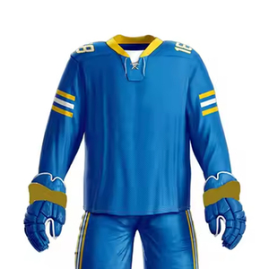 Custom Sublimated Ice Hockey Uniform Men's Blue White Gold Striped Jersey Pants Full Sleeve Moisture Wicking 100% Polyester - Product Image 4