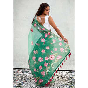 ชุดราตรีผ้าทอเอลีทสีเขียวทะเล ผ้าชานเดรีคอตตอนพิชไวพิมพ์ลาย พร้อมขอบผ้าทอแบบซารี - Product Image 1