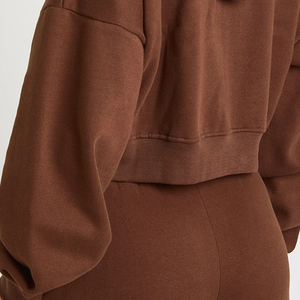 Women's <b>Brown</b> Cropped Hooded Zip-Up Sweatshirt <b>Long</b> <b>Sleeve</b> Solid Color Knitted Oversized Winter Wear 100% Cotton Eco-Friendly - Product Image 6