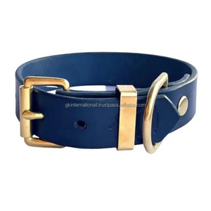 ปลอกคอสุนัขทำด้วยมือสีฟ้าปรับแต่งได้เต็มรูปแบบ,ปลอกคอสัตว์เลี้ยงสุนัขหนังพร้อมหัวเข็มขัดสีทอง D - Product Image 1