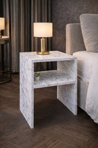 Mesa Auxiliar de Mármol Blanco Carrara de Lujo, Mesa de Noche Moderna de Piedra con Estante Abierto, Muebles Contemporáneos para Sala de Estar - Product Image 4
