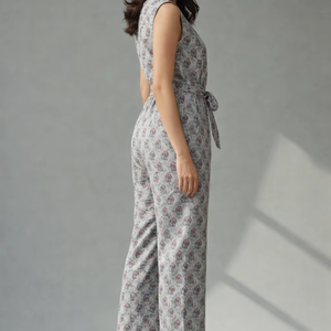 Women Woven Floral Printed Breathable Eco-Friendly Sleeveless Jumpsuit Summer Casual Wide Leg Cotton Viscose <b>Linen</b> Tie-Up Waist - Product Image 1