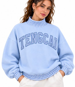 Custom Logo <b>Women</b>’s Mock Neck Sweatshirt Oversized <b>Navy</b> Gingham Applique Cotton <b>Fleece</b> Winter Streetwear Fashion Pullover - Product Image 1
