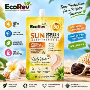 Crème solaire BB EcoRev SPF 50 PA+++ pour le visage et le corps, légère, non grasse, emballage en sachet à bec verseur jetable ECO36, laminé - Product Image 5